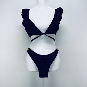 Zaful Bikini Size S Women’s Ruffle Swinsuit High Waist Side Tie Two Pieces Black